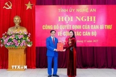 Bà Bùi Thị Quỳnh Vân, Ủy viên Trung ương Đảng, Phó Trưởng Ban Tổ chức Trung ương trao quyết định cho ông Võ Trọng Hải. (Ảnh: TTXVN phát)