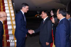 Bộ trưởng Bộ Văn hóa, Thể thao và Du lịch Nguyễn Văn Hùng đón Thủ tướng Tây Ban Nha Pedro Sánchez tại Sân bay Quốc tế Nội Bài, Hà Nội. (Ảnh: Phạm Kiên/TTXVN)
