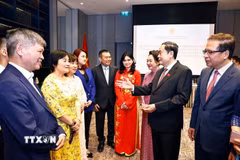Chủ tịch Quốc hội Trần Thanh Mẫn trao đổi với đại diện cộng đồng người Việt Nam tại Uzbekistan. (Ảnh: Doãn Tấn/TTXVN)