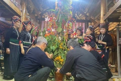 Mọi người tham gia lễ hội hát, múa xung quanh cây "xặng bók." (Nguồn: Báo Văn hóa)