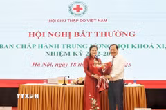 Ông Nguyễn Phi Long, Phó Bí thư Đảng ủy Mặt trận Tổ quốc, các đoàn thể Trung ương chúc mừng tân Chủ tịch Trung ương Hội Chữ thập Đỏ Việt Nam. (Ảnh: Hạnh Quyên/TTXVN)