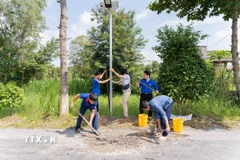 Thực hiện công trình thắp sáng đường quê tại xã Cẩm Sơn, huyện Mỏ Cày Nam, tỉnh Bến Tre. (Ảnh: Ngô Hoàng Long/TTXVN phát)