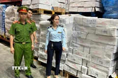 Hơn 15 tấn xương lợn đông lạnh nhập ngoại đã hết hạn sử dụng bị lực lượng chức năng phát hiện, thu giữ. (Ảnh: TTXVN phát)