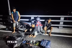 Các đối tượng cùng tang vật, phương tiện tại hiện trường. (Ảnh: TTXVN phát)