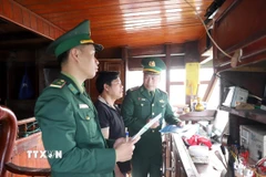 Cán bộ, chiến sỹ Đồn biên phòng Quỳnh Phương kiểm tra thiết bị giám sát hành trình trên tàu cá của ngư dân trước khi xuất bến. (Ảnh: Văn Tý/TTXVN)