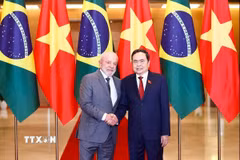 Chủ tịch Quốc hội Trần Thanh Mẫn đón Tổng thống Cộng hòa Liên bang Brazil Luiz Inácio Lula da Silva. (Ảnh: Doãn Tấn/TTXVN)
