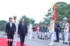 Tổng thống Lee Jae Myung và Tổng Bí thư Tô Lâm duyệt đội danh dự tại Lễ đón. (Ảnh: Thống Nhất/TTXVN)