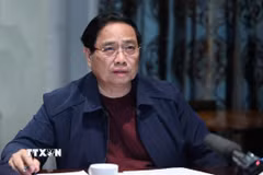Thủ tướng Phạm Minh Chính họp trực tuyến từ Nam Phi chỉ đạo khắc phục hậu quả mưa lũ. (Ảnh: Dương Giang/TTXVN)