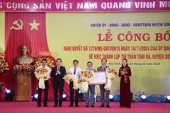 Lãnh đạo Tỉnh ủy Quảng Ngãi trao Nghị quyết thành lập thị trấn Tịnh Hà. (Ảnh: Phạm Cường/TTXVN)