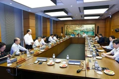 Đoàn đại biểu Quốc hội thành phố Hà Nội thảo luận ở tổ. (Ảnh: Doãn Tấn/TTXVN)