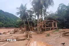 Nhà cửa bị hư hại, khung cảnh bản làng Cha Nga bị biến dạng, sạt lở khi lũ dữ quét qua. (Ảnh: TTXVN phát)
