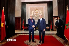 Chủ tịch Hạ viện Maroc Rachid Talbi Alami đón Chủ tịch Quốc hội Trần Thanh Mẫn. (Ảnh: Doãn Tấn/TTXVN)