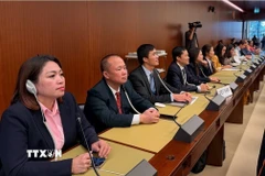 Phó Trưởng Phái đoàn Việt Nam tại Geneva Cung Đức Hân (thứ tư từ trái sang) cùng các thành viên đoàn liên ngành Việt Nam trong phiên bỏ phiếu các nghị quyết. (Ảnh: TTXVN phát)