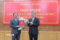 Ủy viên Trung ương Đảng, Phó Trưởng Ban Tổ chức Trung ương Nguyễn Quang Dương trao quyết định cho ông Lê Minh Ngân. (Ảnh: Nguyễn Oanh/TTXVN)