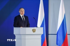 Tổng thống Nga Vladimir Putin phát biểu tại thủ đô Moskva. (Ảnh: THX/TTXVN)