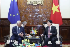 Chủ tịch nước Lương Cường và Chủ tịch Hội đồng châu Âu Antonio Costa hội đàm hẹp. (Ảnh: Lâm Khánh/TTXVN)