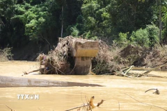 Trụ cầu Xốp Chạng nằm chơ vơ giữa dòng suối. (Ảnh: Xuân Tiến/TTXVN)