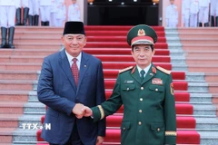 Đại tướng, Bộ trưởng Bộ Quốc phòng Phan Văn Giang và Bộ trưởng Bộ Quốc phòng Indonesia Sjafrie Sjamsoeddin tại lễ đón. (Ảnh: An Đăng/TTXVN)