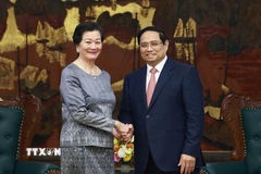 Thủ tướng Phạm Minh Chính tiếp Đại sứ Vương quốc Campuchia tại Việt Nam Chea Kimtha đến chào từ biệt. (Ảnh: Dương Giang/TTXVN)