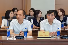 Tổng Biên tập Báo Điện tử VietnamPlus Trần Tiến Duẩn và nhà báo Trần Ngọc Tú, Trưởng ban biên tập Ban Tin trong nước (Thông tấn xã Việt Nam) dự tại Diễn đàn “Báo chí và Nghị trường: Dòng chảy kiến tạo trong kỷ nguyên mới." (Ảnh: Nguyễn Trọng Lịch/TTXVN)