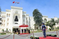 Chủ tịch nước Lương Cường và Tổng thống Ai Cập Abdel Fattah El-Sisi trên bục danh dự nghe quân nhạc cử quốc thiều hai nước. (Ảnh: Lâm Khánh/TTXVN)