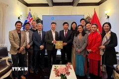 Thứ trưởng Bộ Ngoại giao Nguyễn Mạnh Cường (thứ 5, từ trái sang) cùng êkíp thực hiện dự án VietNEST và một số đại diện cộng đồng người Việt tại thành phố Sydney. (Ảnh: Thanh Tú/TTXVN)