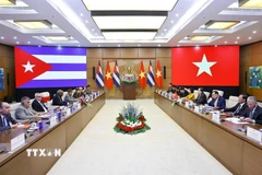 Chủ tịch Quốc hội Trần Thanh Mẫn hội đàm với Chủ tịch Quốc hội Cuba Esteban Lazo Hernández. (Ảnh: Doãn Tấn/TTXVN)