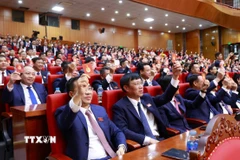 Đại biểu biểu quyết thông qua Nghị quyết Đại hội. (Ảnh: Đồng Thúy/TTXVN)