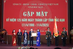 Phó Chủ tịch nước Võ Thị Ánh Xuân thừa ủy quyền của Chủ tịch nước trao tặng Huân chương Lao động hạng Nhất cho Đảng bộ, chính quyền và nhân dân tỉnh Bắc Kạn. (Ảnh: Vũ Hoàng Giang/TTXVN)