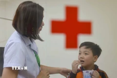Nhân viên y tế học đường chăm sóc học sinh. (Ảnh: Thanh Tùng/TTXVN)