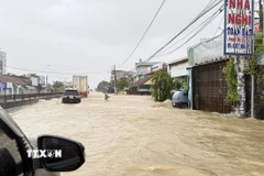 Một đoạn Quốc lộ 1 qua tỉnh Đắk Lắk bị ngập sâu trong nước lũ. (Ảnh: Tường Quân/TTXVN)