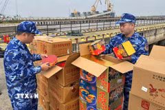 Lực lượng Cảnh sát biển tiến hành kiểm tra số hàng hóa bị bắt giữ. (Ảnh: TTXVN phát)