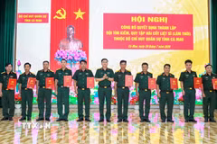 Đại tá Võ Thành Lê, Chính ủy Bộ Chỉ huy Quân sự tỉnh Cà Mau trao quyết định bổ nhiệm, Đội trưởng, Chính trị viên các chức danh. (Ảnh: Phú Quang/TTXVN)
