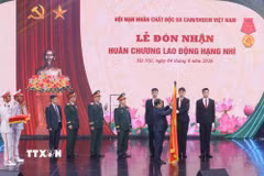 Đồng chí Nguyễn Phi Long, Ủy viên Trung ương Đảng, Phó Bí thư Thường trực Đảng ủy Mặt trận Tổ quốc, các đoàn thể Trung ương trao Huân chương Lao động hạng Nhì của Chủ tịch nước tặng Hội Nạn nhân chất độc da cam/dioxin Việt Nam. (Ảnh: Hoàng Hiếu/TTXVN)