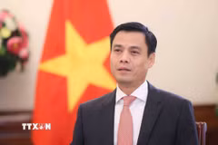 Thứ trưởng Bộ Ngoại giao Đặng Hoàng Giang chia sẻ với báo chí về tiến trình đàm phán. (Ảnh: Thành Long)