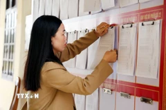 Cán bộ xã ở Quảng Trị niêm yết danh sách cử tri bầu cử đại biểu Quốc hội khóa XVI và đại biểu HĐND các cấp nhiệm kỳ 2026-2031. (Ảnh: Tá Chuyên/TTXVN)