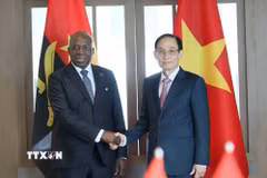 Bộ trưởng Ngoại giao Lê Hoài Trung đón Bộ trưởng Ngoại giao Angola Téte António. (Ảnh: An Đăng/TTXVN)