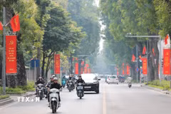 Cờ Đảng, cờ Tổ quốc tung bay trên nhiều tuyến phố của Hà Nội dịp chào mừng 96 năm Ngày thành lập Đảng Cộng sản Việt Nam. (Ảnh: Lê Đông/TTXVN)