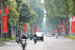 Cờ Đảng, cờ Tổ quốc tung bay trên nhiều tuyến phố của Hà Nội dịp chào mừng 96 năm Ngày thành lập Đảng Cộng sản Việt Nam. (Ảnh: Lê Đông/TTXVN)
