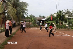 Du khách hào hứng với các trò chơi tại Điểm du lịch cộng đồng Cồn Chim, xã Hòa Minh (Vĩnh Long). (Ảnh: TTXVN phát)