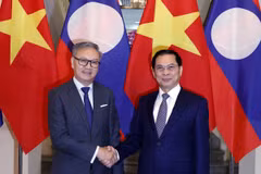 Phó Thủ tướng, Bộ trưởng Ngoại giao Bùi Thanh Sơn đón Bộ trưởng Ngoại giao Lào Thongsavanh Phomvihane. (Ảnh: An Đăng/TTXVN)