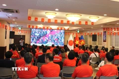 Đông đảo kiều bào tại Nhật Bản chăm chú theo dõi truyền hình trực tiếp đại lễ 80 năm Quốc khánh qua màn hình lớn. (Ảnh: Phạm Tuân/TTXVN)