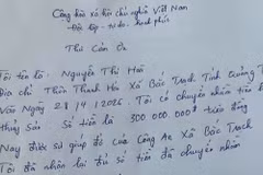 Sau khi nhận lại số tiền chuyển nhầm, bà Hòa đã viết thư cảm ơn gửi đến Công an xã Bắc Trạch. (Nguồn: Công an xã Bắc Trạch)