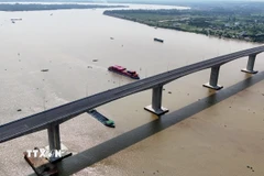 Kết cấu chính cầu Nhơn Trạch gồm 39 trụ và 2 mố, trong đó phần cầu vượt sông sử dụng kết cấu 5 trụ 4 nhịp, đảm bảo tĩnh không thông thuyền 30,5m, cho phép tàu trọng tải đến 5.000 tấn đi qua an toàn. (Ảnh: Hồng Đạt/TTXVN)