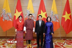 Chủ tịch nước Lương Cường và Phu nhân đón Quốc vương Bhutan Jigme Khesar Namgyel Wangchuck và Hoàng hậu dự tiệc chiêu đãi. (Ảnh: Lâm Khánh/TTXVN)