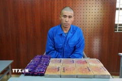 Đối tượng Tráng A Páo, cùng tang vật vụ án. (Ảnh: TTXVN phát)