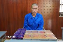 Đối tượng Tráng A Páo, cùng tang vật vụ án. (Ảnh: TTXVN phát)