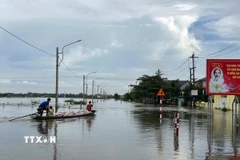 Các đoàn tình nguyện vận chuyển hàng hóa lên ghe để đưa vào những vùng ngập sâu ở thành phố Huế. (Ảnh: Đỗ Trưởng/TTXVN)