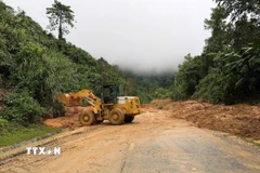 Lực lượng chức năng đang triển khai xử lý điểm sạt mới. (Ảnh: Cao Nguyên/TTXVN)