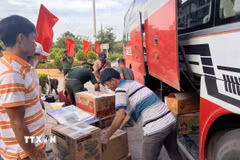 Bộ đội Biên phòng Cửa khẩu quốc tế Lao Bảo kiểm tra phương tiện vận tải và hàng hóa, hành lý xuất nhập cảnh. (Ảnh: Nguyên Linh/TTXVN)